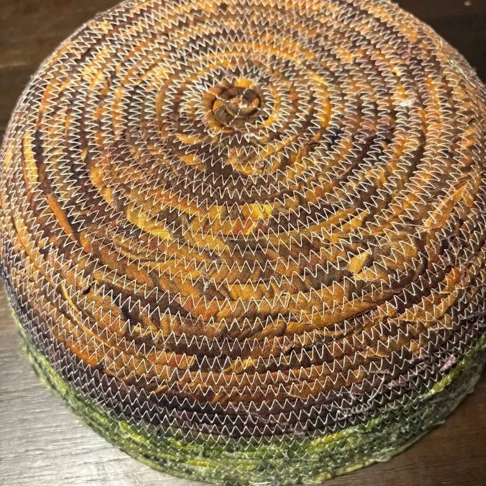Fabric Wrapped Rope Basket Green And Brown 10” Handmade Earthy Boho Storage Tray